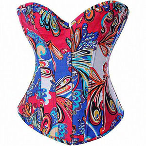 Womens Blue Butterfly Vintage‎ Floral Denim Overbust Corset Bustier Top